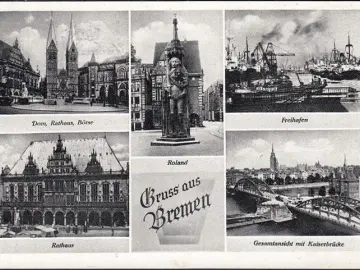 AK Bremen, Rathaus, Freihafen, Roland, gelaufen 1956