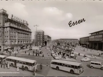 AK Essen, Bahnhofsvorplatz, Straßenbahn, Busse, deutscher Künstlerbund, gelaufen 1961