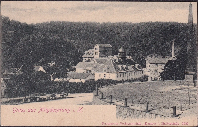 AK Gruss aus Mägdesprung, Hotel Mägdesprung, Obelisk, ungelaufen