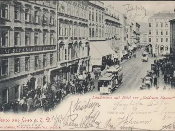 AK Linz, Landstraße, Hotel zur Goldenen Kanone, Straßenbahn, Pferdekutschen, gelaufen 1901