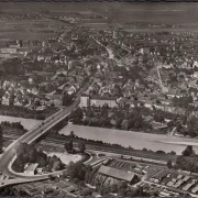 AK Lechhausen, Neue Lechbrücke, Fliegeraufnahme, Bahnpost, gelaufen