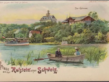 AK Gruss aus der Holsteinische Schweiz, Der Kellersee, Dampfer, Ruderboot, Litho, ungelaufen