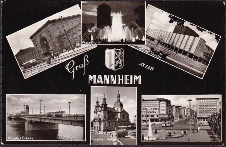 AK Mannheim, Bahnhof, Theater, Planken, Kirche, gelaufen 1959