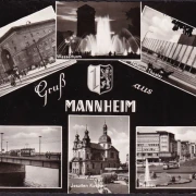 AK Mannheim, Bahnhof, Theater, Planken, Kirche, gelaufen 1959