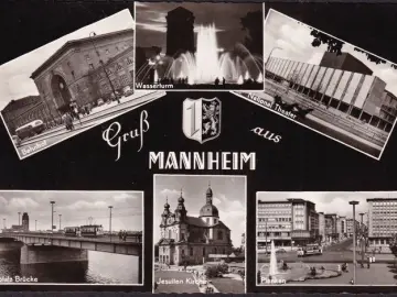 AK Mannheim, Bahnhof, Theater, Planken, Kirche, gelaufen 1959