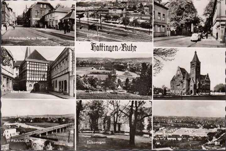 AK Hattingen, Rathausstraße, Postamt, Bahnhof, gelaufen 1963