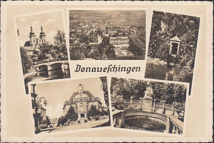 AK Donaueschingen, Stadtansichten, Gebäude, gelaufen 1942