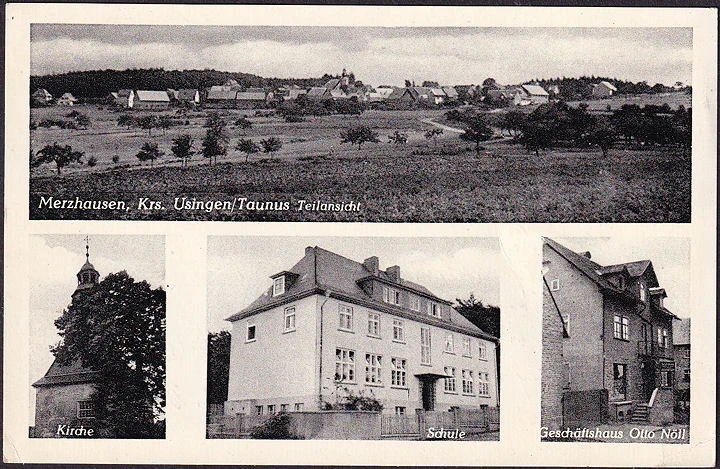 AK Merzhausen, Kirche, Schule, Geschäftshaus Otto Nöll Eisenwaren, gelaufen 1955