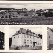 AK Merzhausen, Kirche, Schule, Geschäftshaus Otto Nöll Eisenwaren, gelaufen 1955