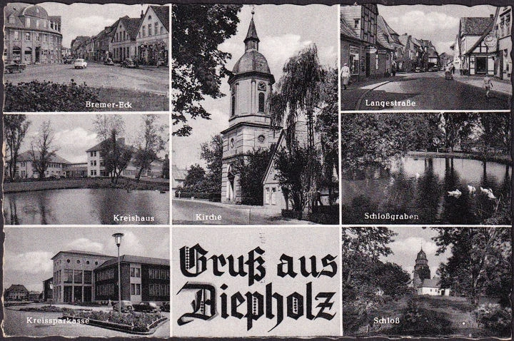 AK Diepholz, Bremer Eck, Kreishaus, Sparkasse, Langestraße, gelaufen 1959