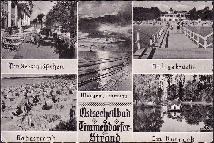 AK Timmendorfer Strand, Anlegebrücke, Badestrand, Kurpark, Am Seeschlösschen, gelaufen 1959