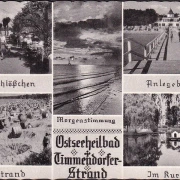 AK Timmendorfer Strand, Anlegebrücke, Badestrand, Kurpark, Am Seeschlösschen, gelaufen 1959