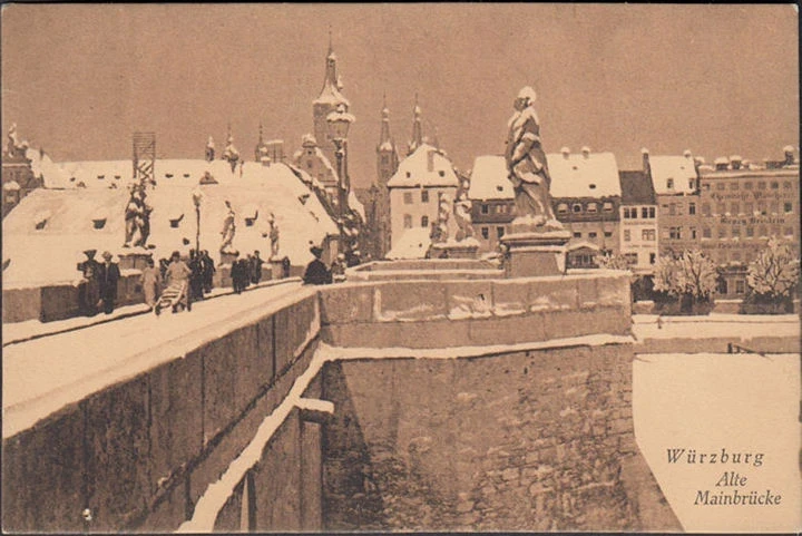 AK Würzburg, Alte Mainbrücke im Winter, gelaufen 1911