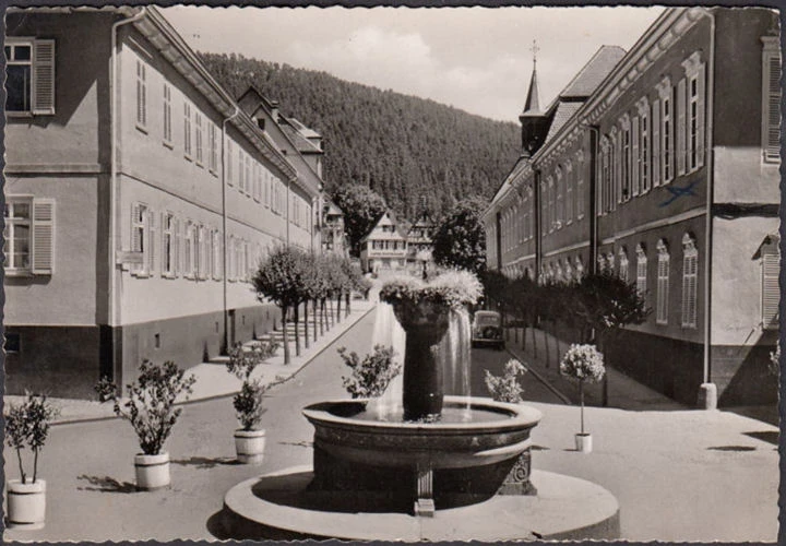 AK Bad Teichnach, Blick aus dem Portal des Hotels, Brunnen, gelaufen 1955