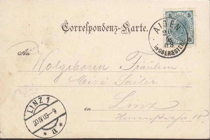 AK Gruss aus Aigen Schlägl, Almesberger Gasthof, gelaufen 1903