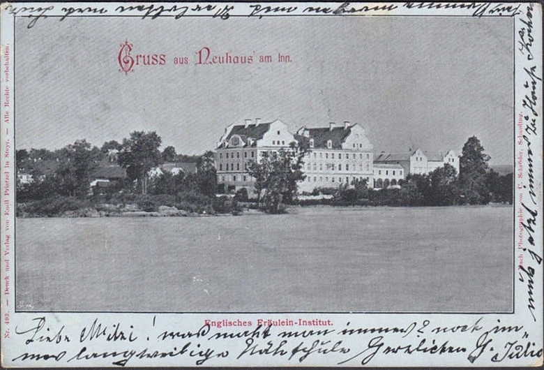 AK Gruss aus Neuhaus am Inn, Englisches Fraulein Institut, gelaufen 1900