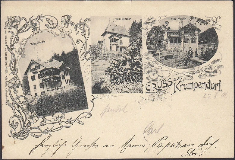 AK Gruss aus Krumpendorf, Villa Frieda, Villa Schöller, Villa Madile, gelaufen 1901