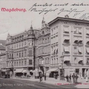 AK Magdeburg, Breiteweg mit Katharinenkirche, Straßenbahn, Geschäfte, gelaufen 1901