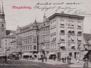 AK Magdeburg, Breiteweg mit Katharinenkirche, Straßenbahn, Geschäfte, gelaufen 1901