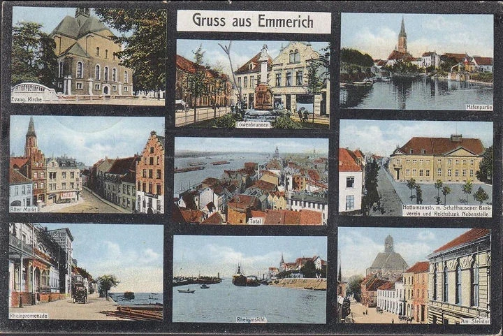 AK Gruss aus Emmerich, Reichsbank, Hafen, Kirche, gelaufen 1926