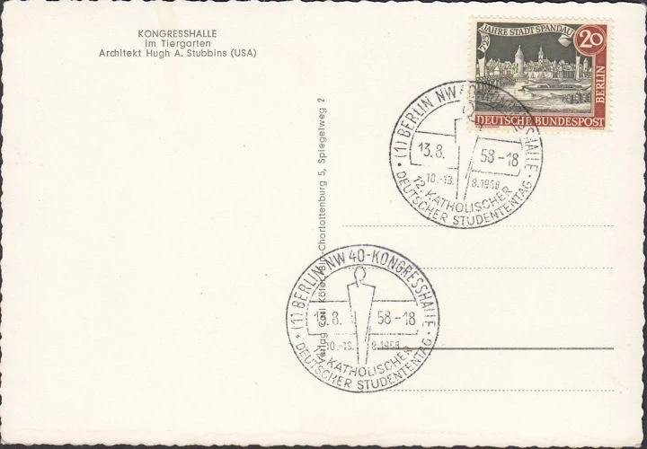 AK Berlin, Kongresshalle bei Nacht, Sonderstempel, ungelaufen-gestempelt 1958