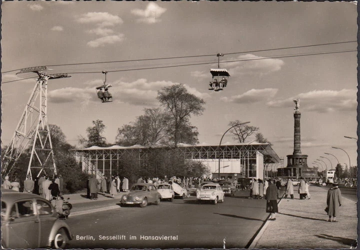 AK Berlin, Sessellift im Hansaviertel, VW Käfer, Siegessäule, gelaufen 1957