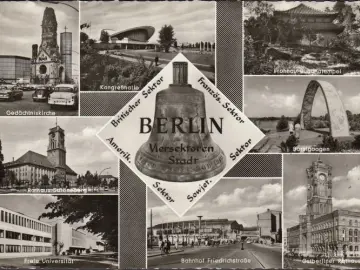 AK Berlin, Viersektoren Stadt, Kongresshalle, Gedächtniskirche, Borsigbogen, Universität, gelaufen 1966