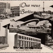 AK Berlin, Niemeyer Haus, Bahnhof Zoo, Messehallen, gelaufen 1958