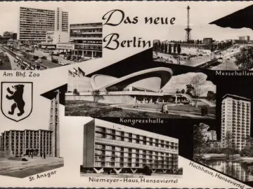 AK Berlin, Niemeyer Haus, Bahnhof Zoo, Messehallen, gelaufen 1958