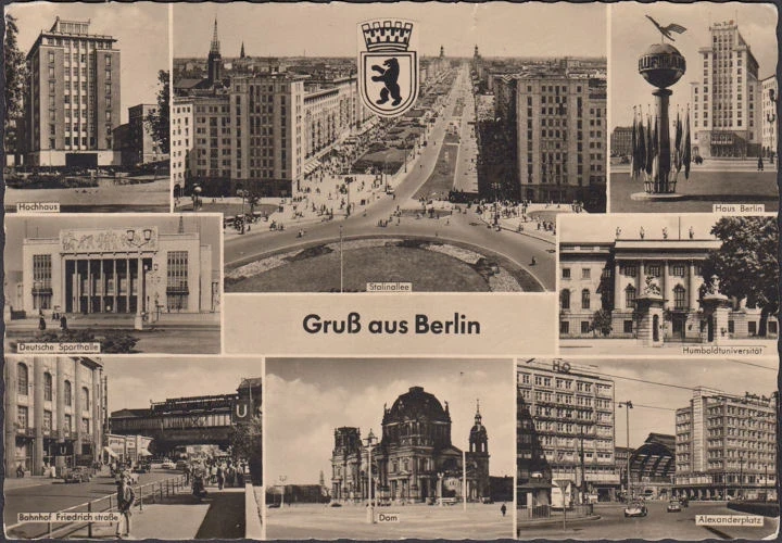 AK Berlin, Universität, Alexanderplatz, Bahnhof, Stalinallee, gelaufen 1968 gelaufen