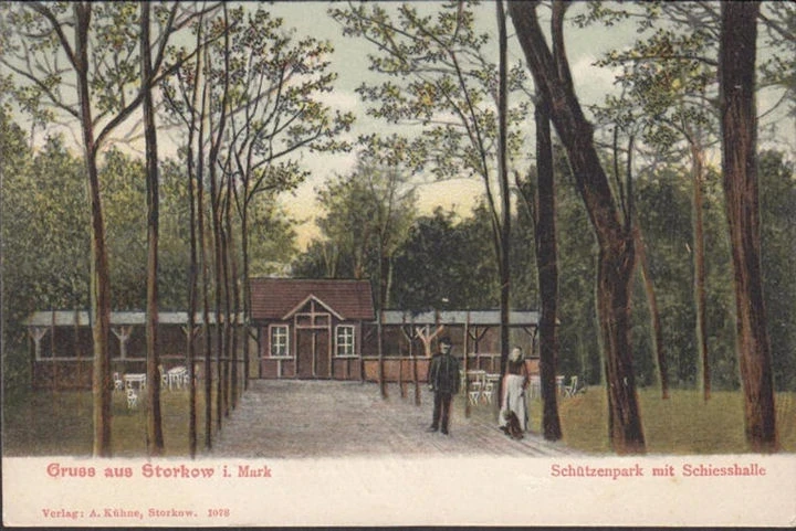 AK Gruss aus Storkow, Schützenplatz mit Schiesshalle, gelaufen 1913