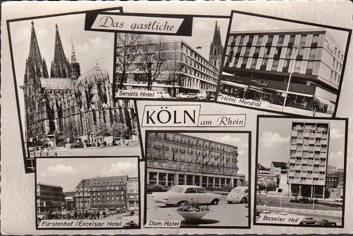 AK Köln, Senats Hotel, Hotel Mondial, Dom Hotel, Baseler Hof, gelaufen 1958