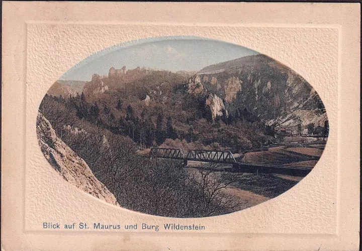 AK Beuron, Blick auf St. Maurus, Schloss Wildenstein, Passepartout, gelaufen 1916