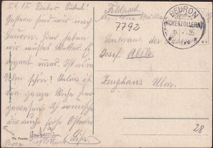 AK Beuron, Stadtansicht, Brücke, Kloster, Feldpost, gelaufen 1915