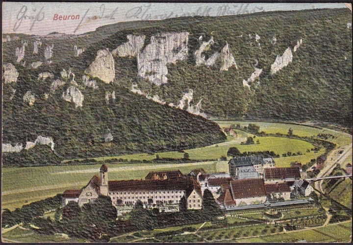 AK Beuron, Stadtansicht mit Kloster, Präge, Struktur AK, gelaufen 1907