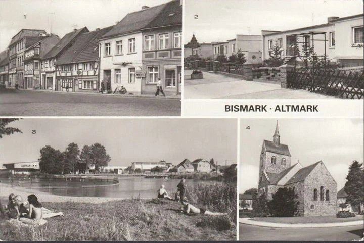 AK Bismark, Eigenheime, Schwimmbad, Kirche, gelaufen 1982