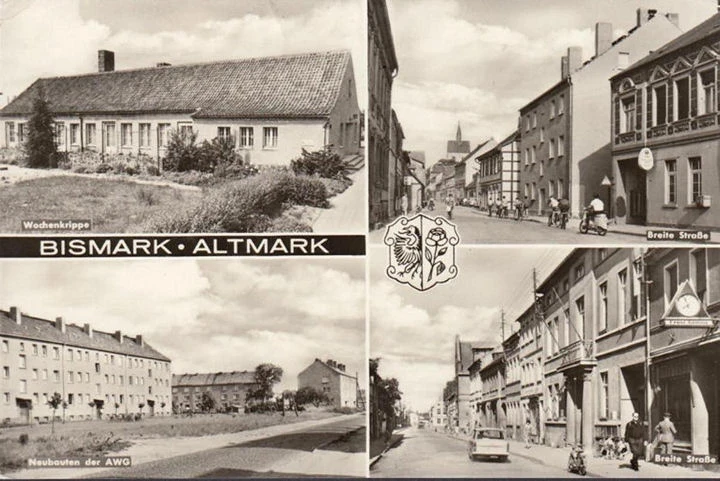 AK Bismark, Breite Straße, Brutmaschinenfabrik, Wochenkrippe, Neubauten der AWG, gelaufen 1975