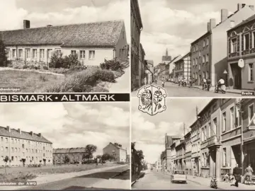 AK Bismark, Breite Straße, Brutmaschinenfabrik, Wochenkrippe, Neubauten der AWG, gelaufen 1975