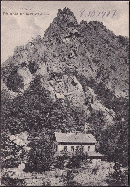 AK Bodetal, Hotel Königsruhe mit Rosstrappenfelsen, ungelaufen-datiert 1907