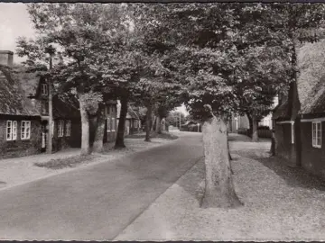 AK Wyk auf Föhr, Kirche, Dorfstraße, Reetdachhäuser, gelaufen 1959