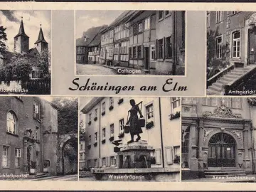 AK Schöningen am Elm, Amtsgericht, Cathagen, Klosterkirche, Wasserträgerin, gelaufen 1956