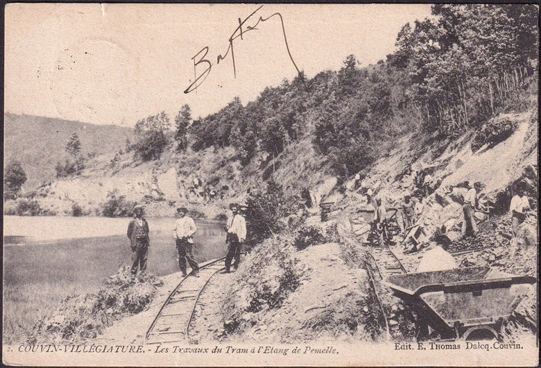 AK Couvin, Straßenbahnwerk am Teich von Pernelle, gelaufen 1903