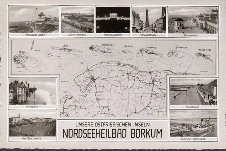 AK Borkum, Dampfer, Südstrand, Dünenexpress, Tennisplatz, ungelaufen