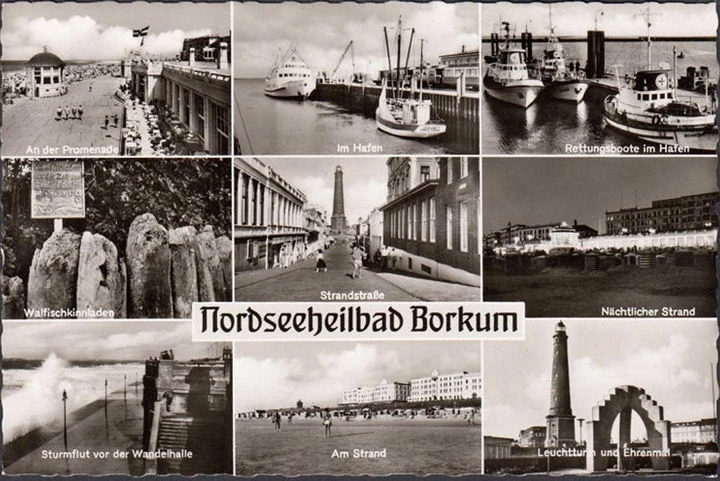 AK Borkum, Ehrenmal, Hafen, Schiffe, Strand, Rettungsboote, ungelaufen