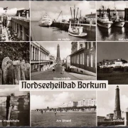 AK Borkum, Ehrenmal, Hafen, Schiffe, Strand, Rettungsboote, ungelaufen