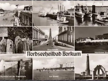 AK Borkum, Ehrenmal, Hafen, Schiffe, Strand, Rettungsboote, ungelaufen