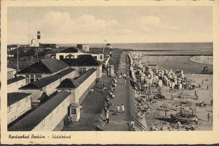 AK Borkum, Südstrand, Promenade, gelaufen 1951