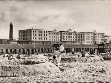 AK Borkum, Strand, Hotels, Badegäste, gelaufen 1960