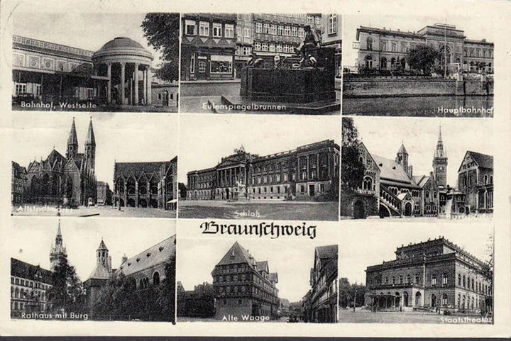 AK Braunschweig, Hauptbahnhof, Theater, Waage, Markt, gelaufen 1957