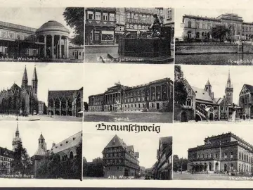 AK Braunschweig, Hauptbahnhof, Theater, Waage, Markt, gelaufen 1957